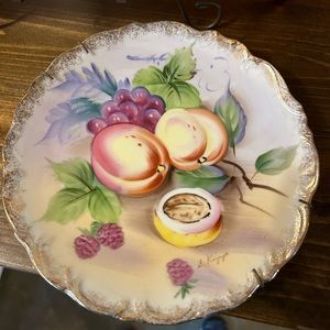 Vintage Ucago fruit plate blackberry, grape, peach fig decorative plate, yellow